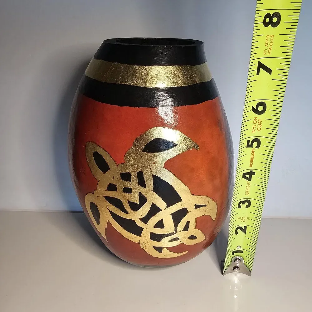 Vtg Folk Art Handpainted Gourd Turtle Design, signed by Linda Ougland